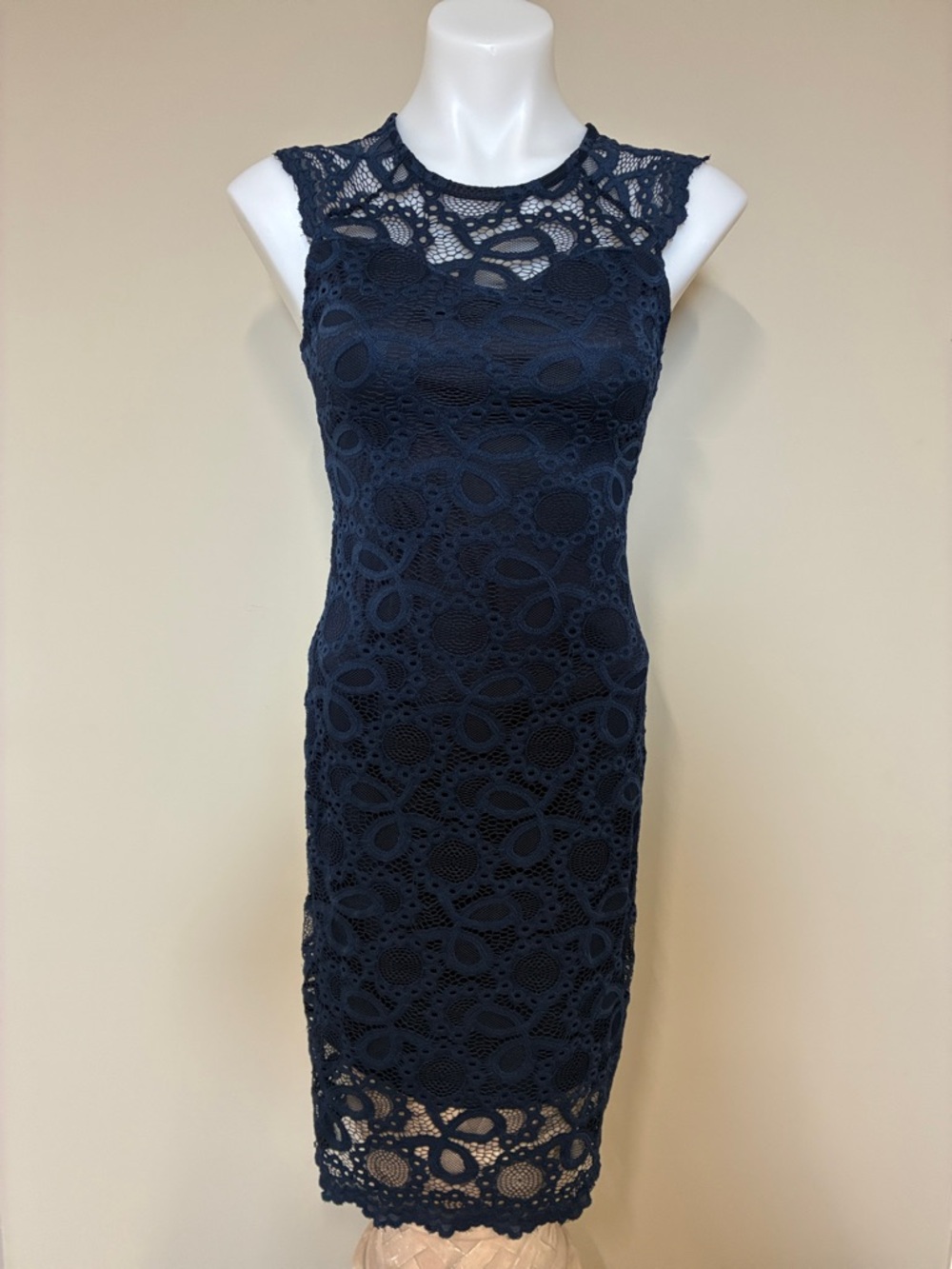 Colori Sheath Dress, Bodycon, Navy Lace Overlay, Sleeveless, Size: S